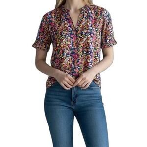 Apiece Apart Los Altos Top XS Pink Multi Floral Print Sheer Blouse Short Sleeve